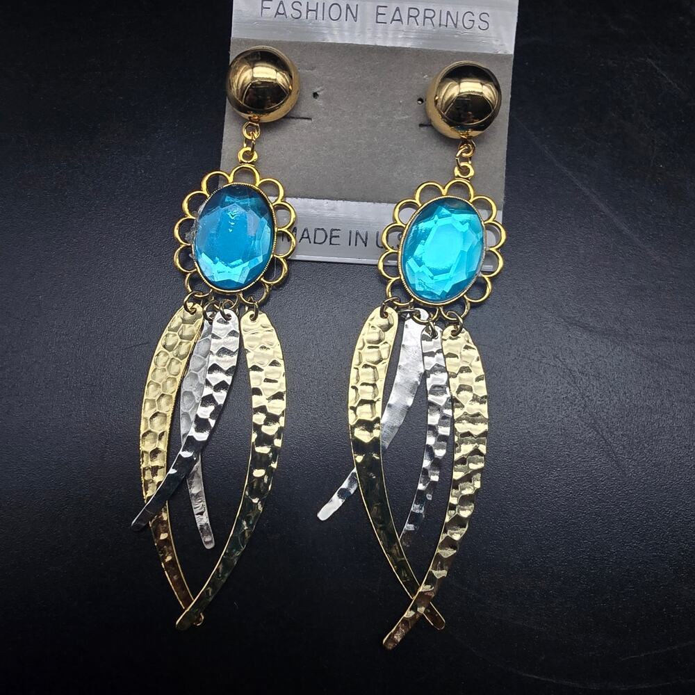 Blue Rhinestone Hammered Metal Earrings Vintage 1980s NOS NWT